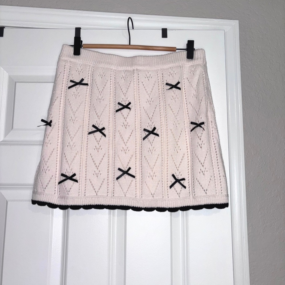 Atar'd State Coquette Preppy Cable Knit Skirt Open Work Chevron Bows Accent NWOT